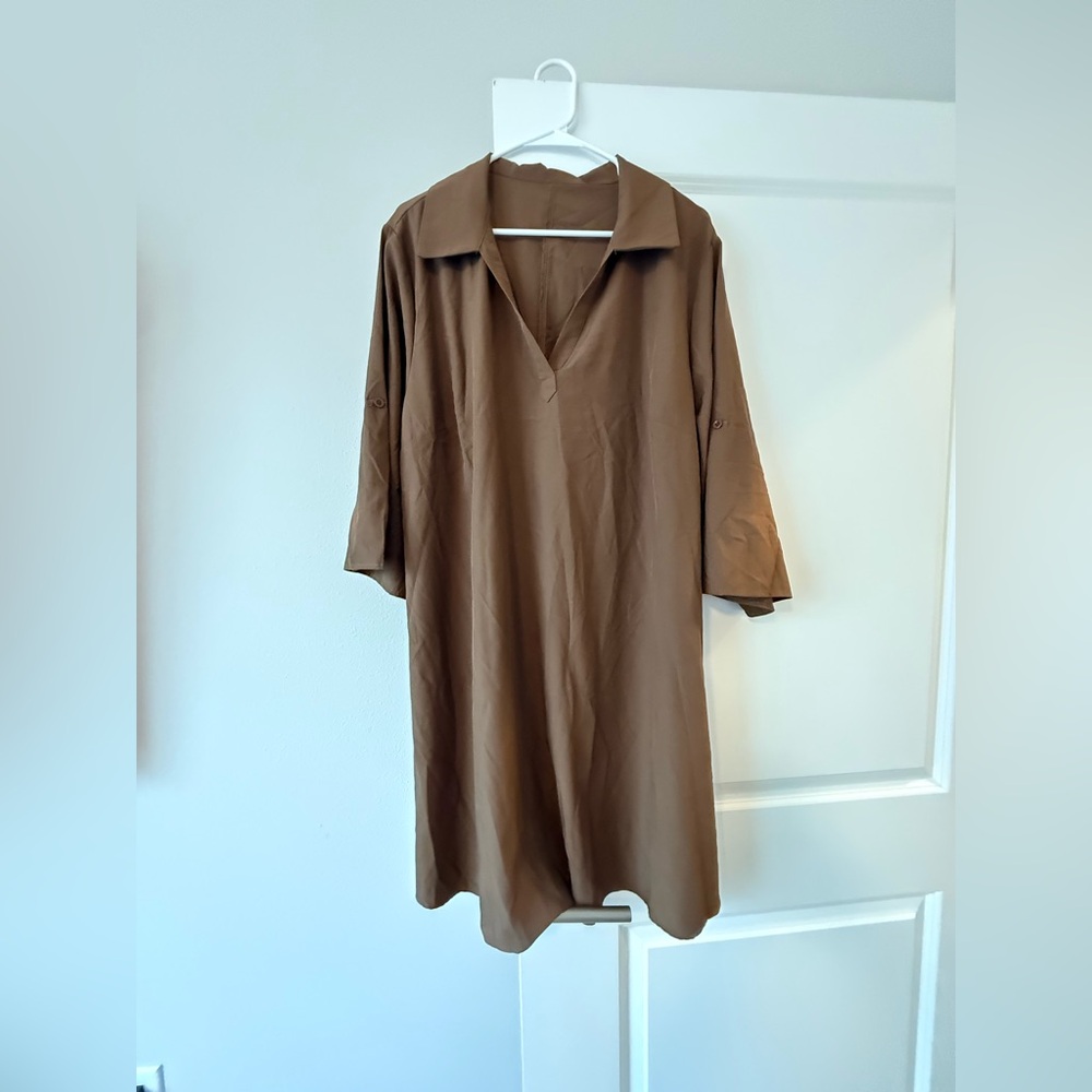 SHEIN Brown Collared V-Neck Midi Shirt Dress